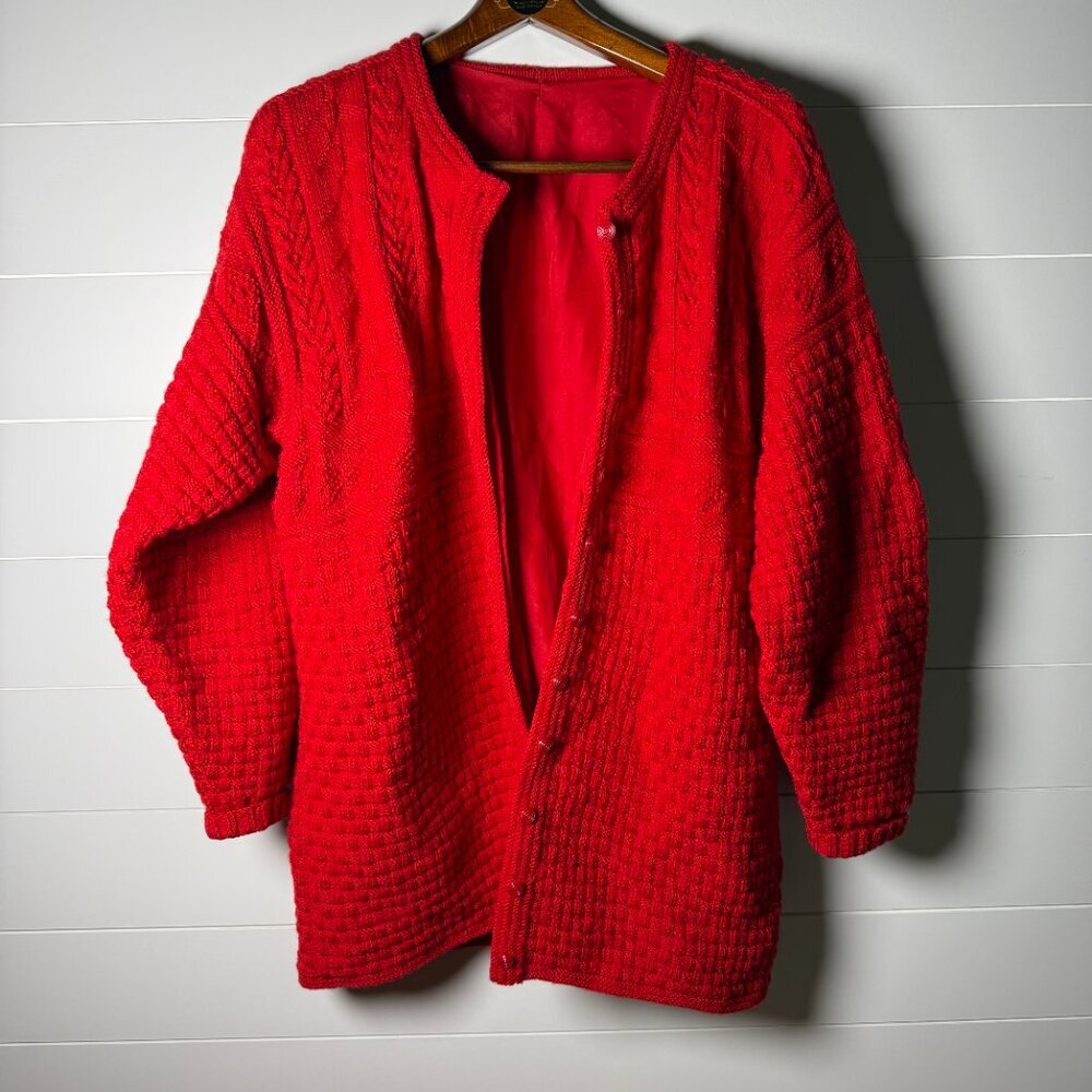 Vintage Handmade Sweater Cardigan Grandma Grandpa Cable Knit VTG Red